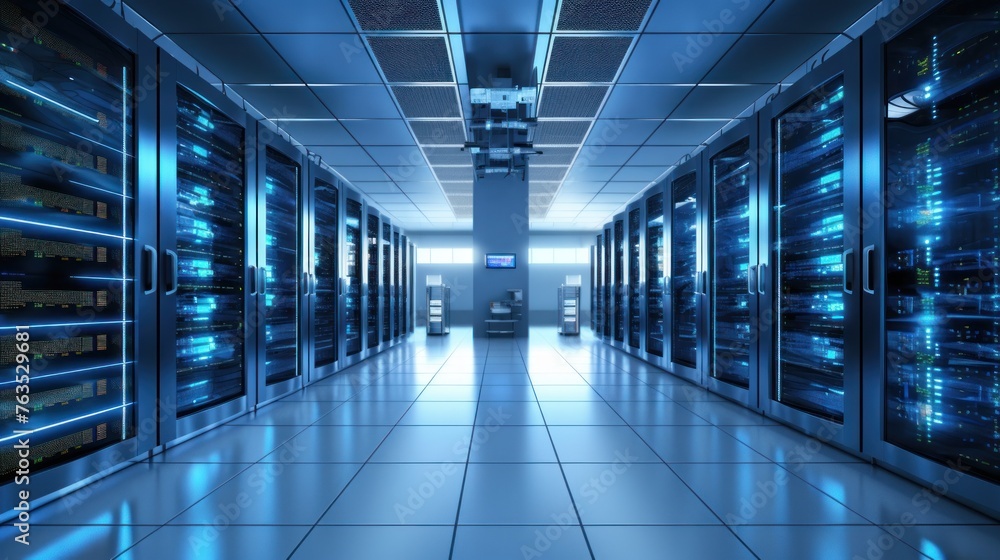 Depict a state of the art data center with rows of server racks, cooling systems, and redundant power supplies
Depict a state of the art data center with rows of server racks, cooling systems, and redundant power supplies