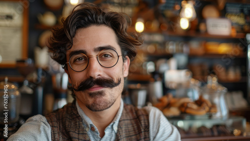 Man with mustache in coffee shop