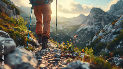 A person hiking in the mountains at sunrise