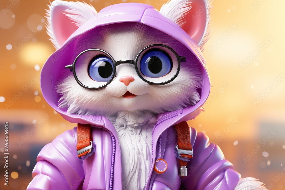 White Cat Wearing Glasses and Purple Jacket
