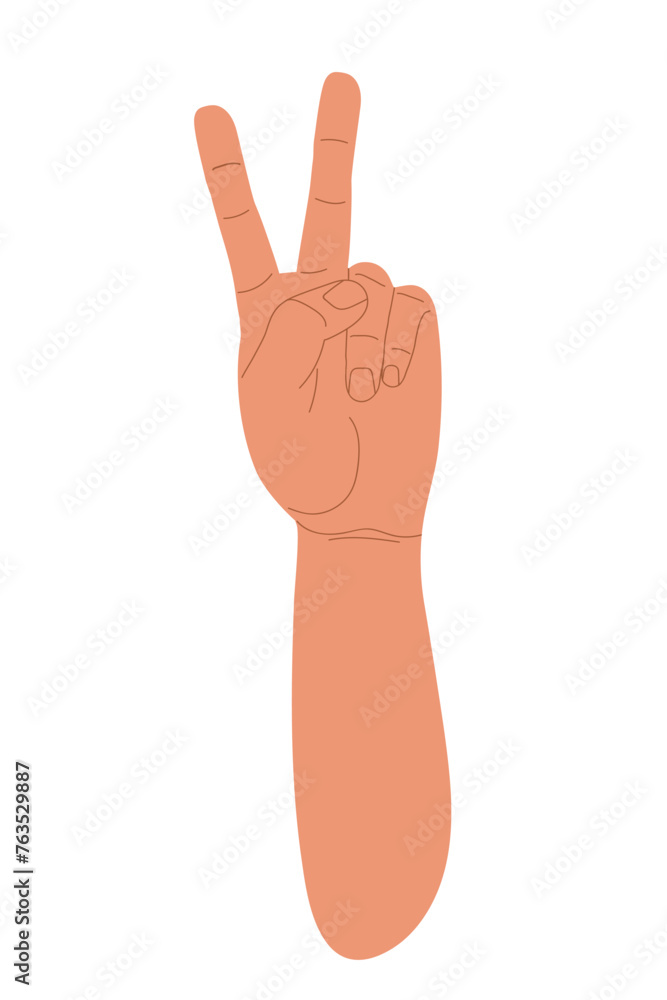 Victory and peace sign with fingers. Human V hand sign isolated on white background. Hand drawn Hand gesture in Cartoon style. Design of approval emoji for social media message. Success and victory. Victory and peace sign with fingers. Human V hand sign isolated on white background. Hand drawn Hand gesture in Cartoon style. Design of approval emoji for social media message. Success and victory.