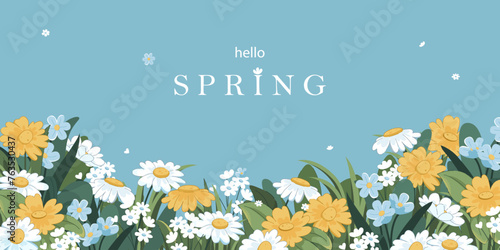 Spring field background with green grass, flowers, plants, blue sky. Cute botanical elements. White, yellow, blue wild flowers.