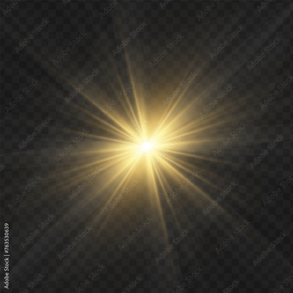 Glowing light explodes, light flash golden color. Beam of the shining sun. Special glare light effect. Bright flash.