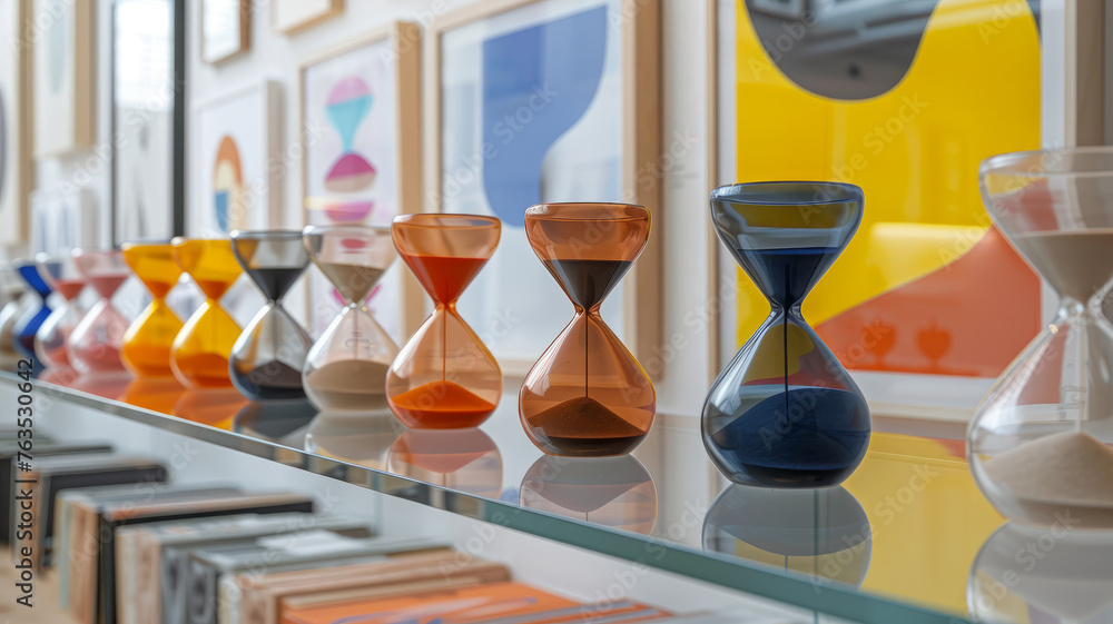Fototapeta premium Row of colorful hourglasses on shelf