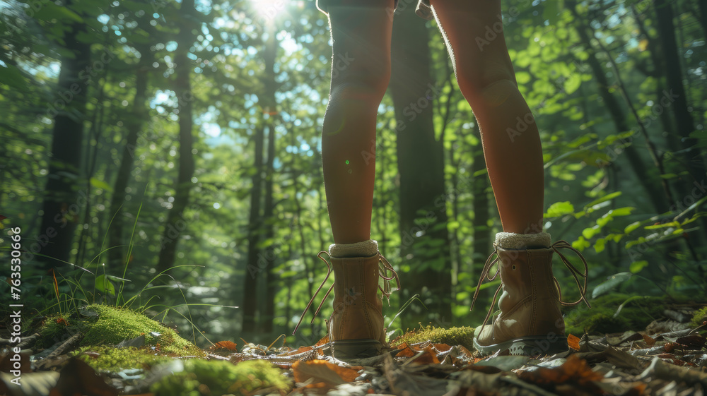Fototapeta premium Description: Hiker's legs in a forest setting