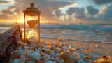 Hourglass on beach with sunset backdrop.