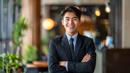 Portrait of a happy smiling handsome professional Asian Japanese businessman manager standing in his modern business company office.
