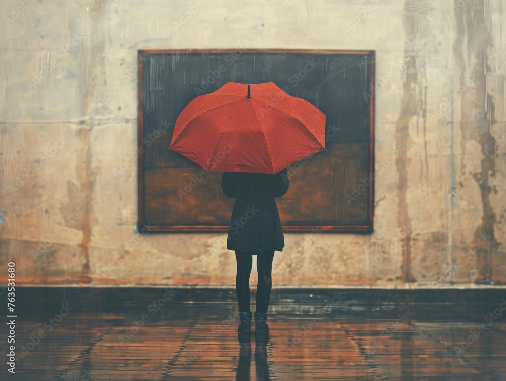 Person Holding Red Umbrella in Front of Painting