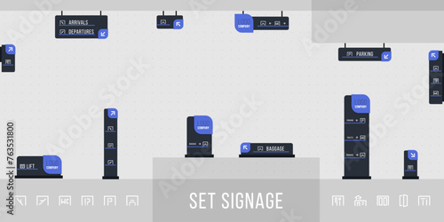 external and internal signs. Direction, pole, wall mount and road signage template design system. empty space for logo, text, corporate identity color
