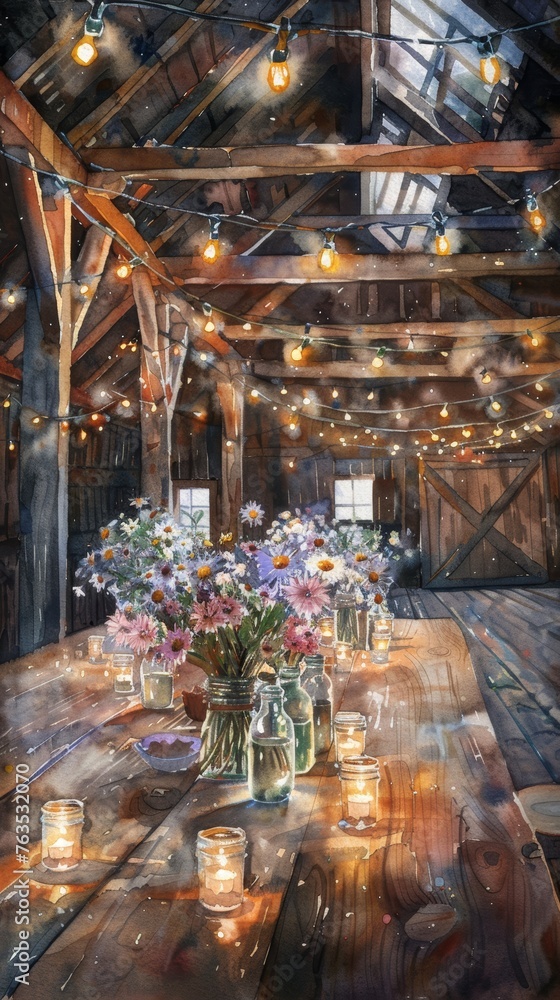 Rustic Barn Wedding Reception Illuminated by Fairy Lights in Watercolor Art Generative AI