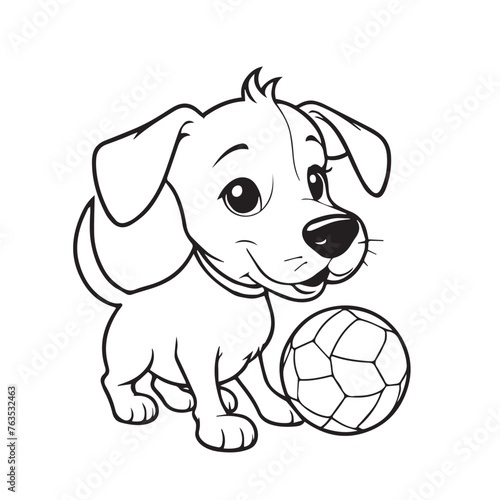 Beautiful hand-drawn vector illustration of funny dog playing with a ball on a white background for coloring book for children
