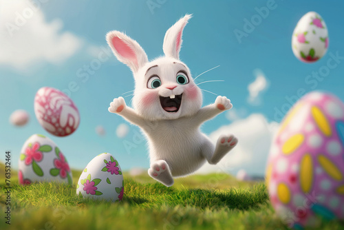 Easter bunny with Easter eggs, running and jumping over a green field with blue sky. Generative Ai 