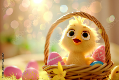 Cute funny little chick in a basket with Easter eggs. Generative Ai