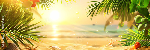 tropical summer banner.Top view of sand and palm trees