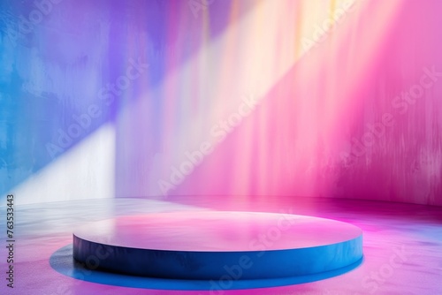 Modern round empty platform podium stand for product presentation scene with glowing neon lighting. Futuristic empty stage mockup on rainbow flare background with colorful streaks of light. Front view