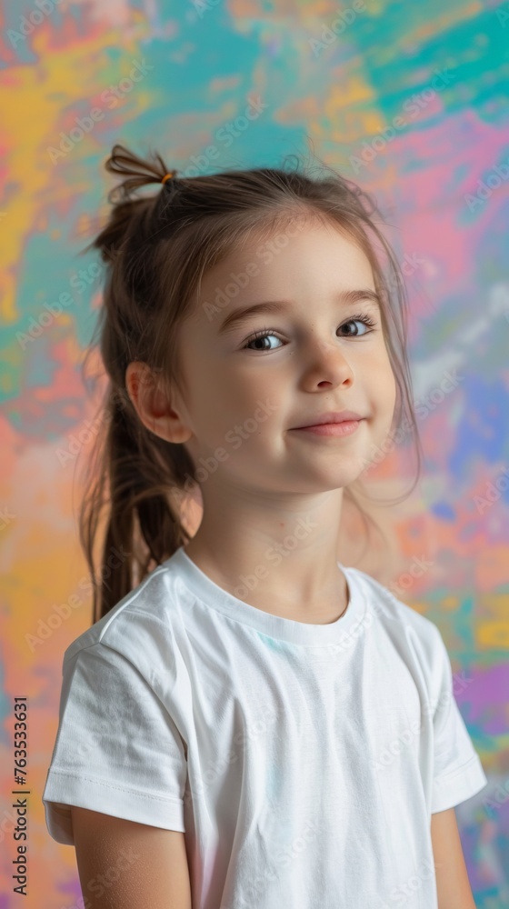 European child girl 4-6 years old in a white T-shirt without a pattern against the background of a colored wall European child girl 4-6 years old in a white T-shirt without a pattern against the background of a colored wall