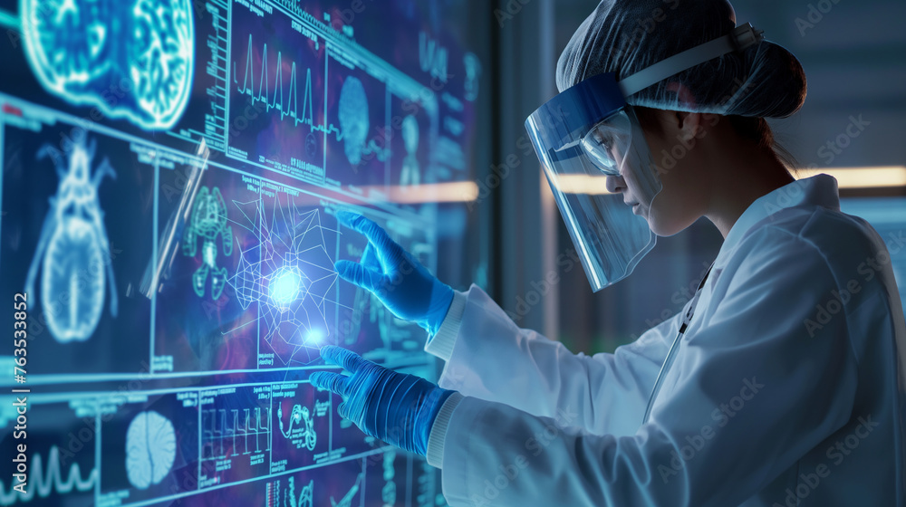 In the quiet of a high-tech medical research lab, a healthcare worker engages with an AI-powered diagnostic device In the quiet of a high-tech medical research lab, a healthcare worker engages with an AI-powered diagnostic device