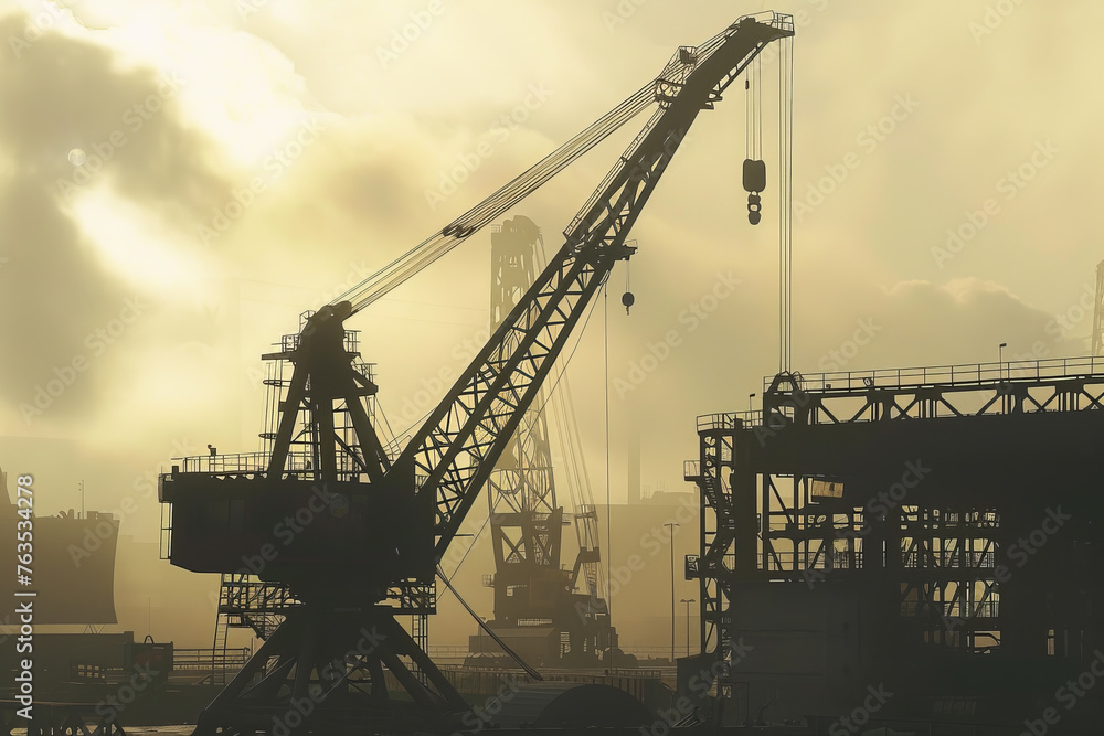A large industrial crane in a shipyard, its towering structure creating an abstract silhouette against the sky A large industrial crane in a shipyard, its towering structure creating an abstract silhouette against the sky