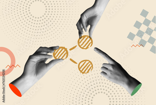 Social media share icon and human hands in retro collage vector illustration