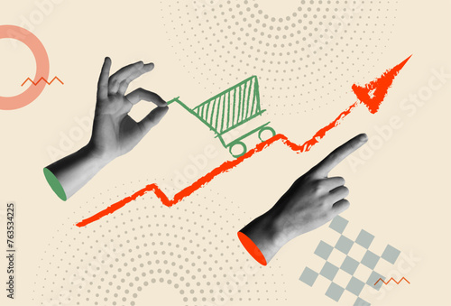 Inflation shopping cart and hands in retro collage vector illustration