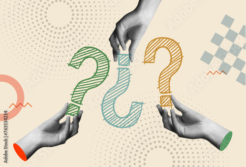 Question marks and human hands in retro collage vector illustration