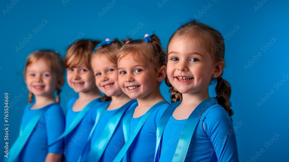 A group of smiling young girls dressed in blue, with matching hair ribbons, pose in a row against a blue background A group of smiling young girls dressed in blue, with matching hair ribbons, pose in a row against a blue background