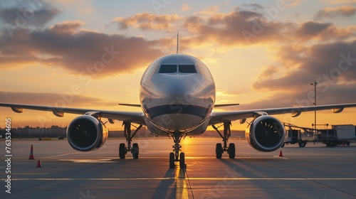 Commercial Airplane Front View on Runway at Sunset, Aviation Travel Concept