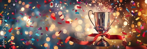 Shiny sparkling silver champion cup on a bright background with sparkles and confetti and festive satin ribbons, second place trophy cup, banner