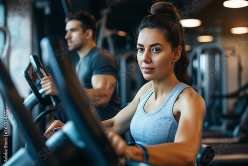 Focused white woman and a man are working out on  orbitrek elliptical trainers at a gym. photo