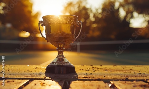 A tennis trophy standing in front of an tennis court, sunny day photo