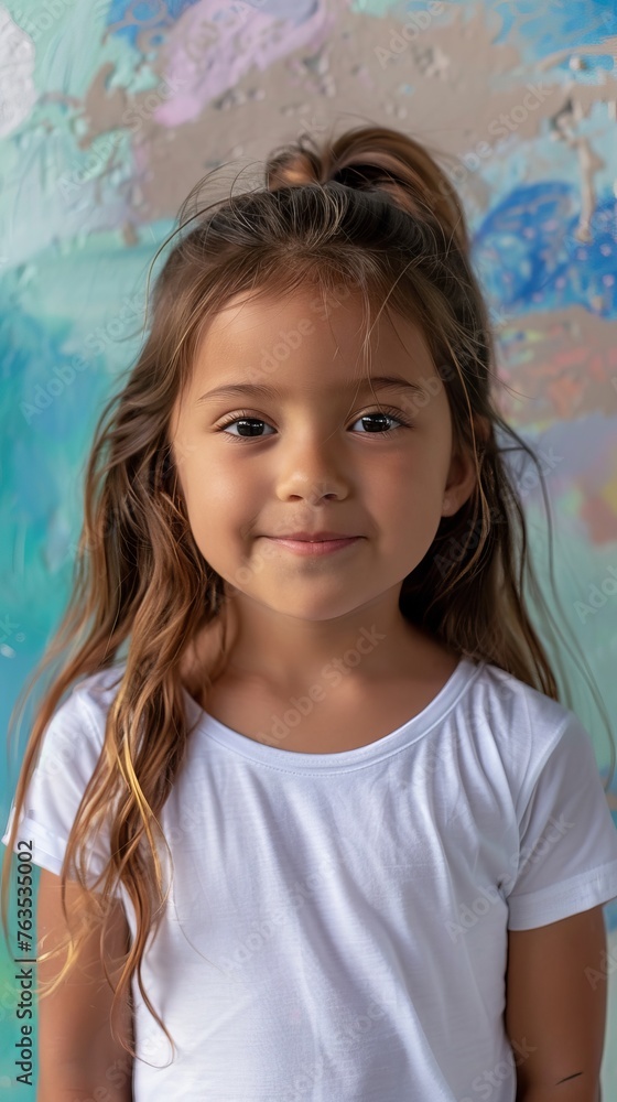 Hispanic child girl 4-6 years old in a white T-shirt without a pattern against the background of a colored wall Hispanic child girl 4-6 years old in a white T-shirt without a pattern against the background of a colored wall