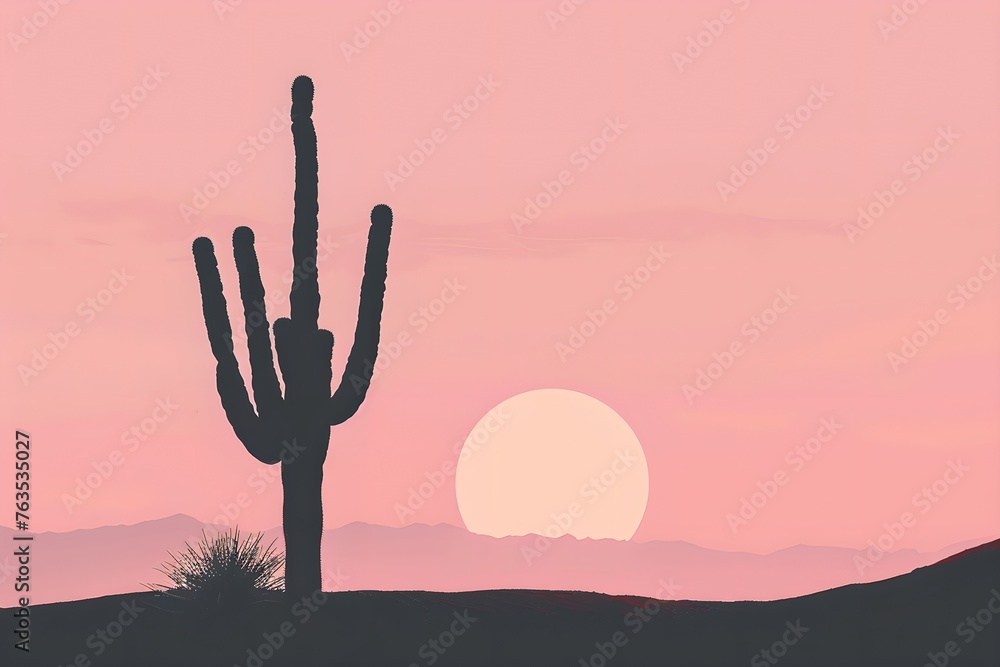 Silhouette of a saguaro cactus at sunset. Summer travel and adventure. Mexican culture concept. Design for banner, card, invitation. Minimalistic illustration with copy space. 
