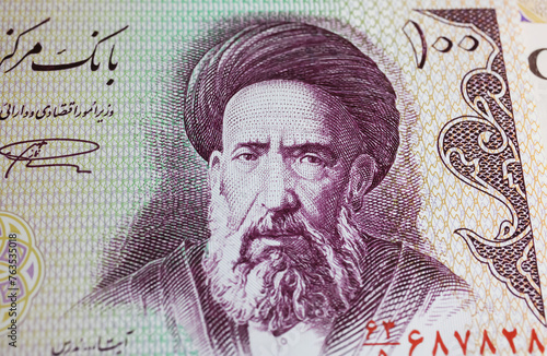 Wallpaper Mural Portrait of iranian cleric and revolution supporter Hassan Modarres on 100 Iran Rial currency banknote  (focus on center) Torontodigital.ca