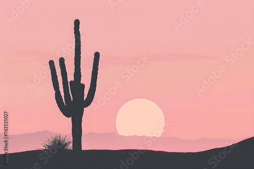 Silhouette of a saguaro cactus at sunset. Summer travel and adventure. Mexican culture concept. Design for banner, card, invitation. Minimalistic illustration with copy space.  © dreamdes