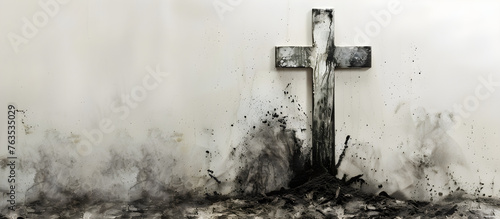 Drawing of cross in ash symbolizing religion sacrifice redemption, with copy space for adding text or design. Suitable for religious events or design purposes.