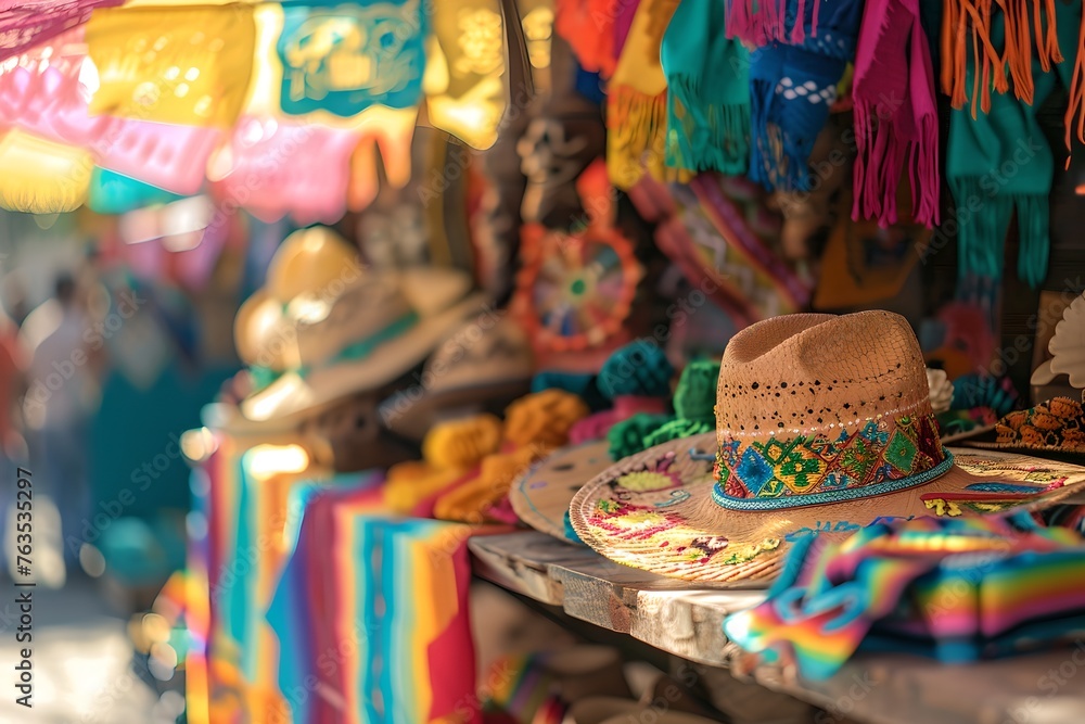 Mexican hats and colorful textiles at market. Сinco de Mayo holiday. Mexican culture concept. Design for banner, poster