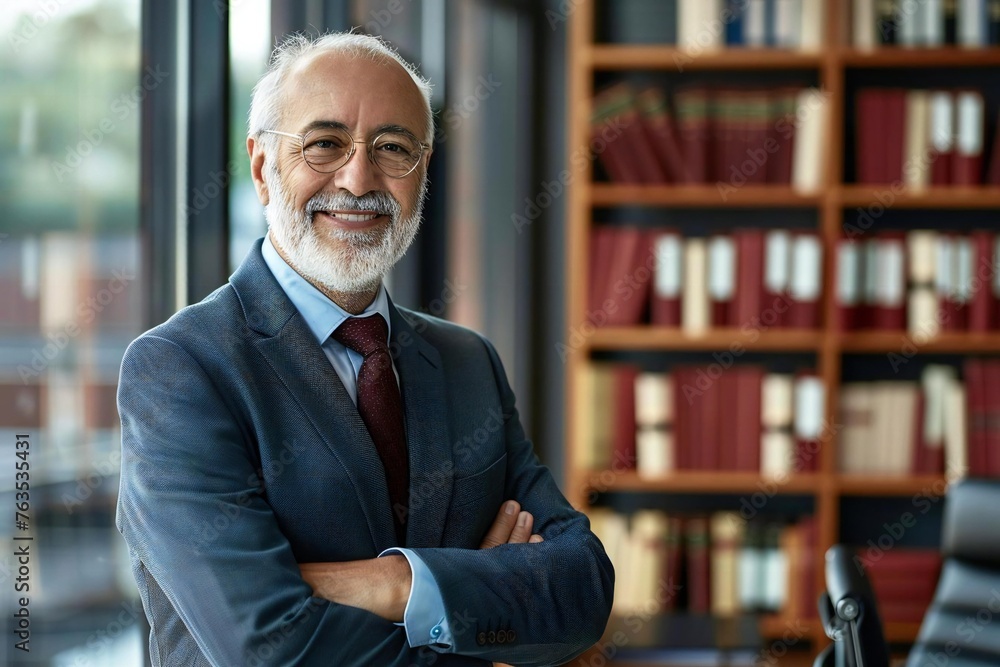 Smiling older male attorney with book crossed arms
