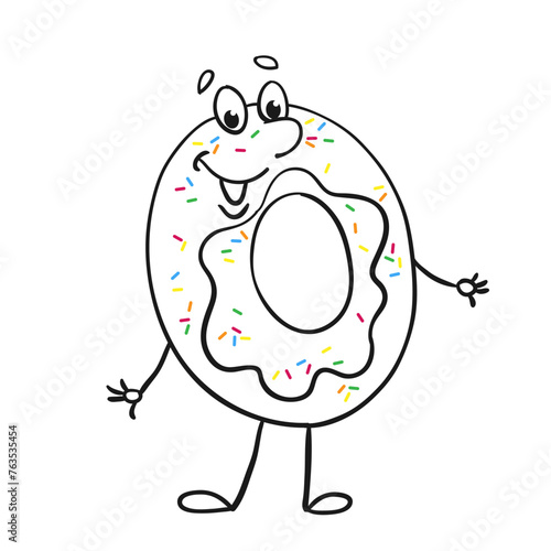 Funny smiling donut. Black and white picture with colored accents. Isolated on white background. Vector cartoon illustration for coloring book.