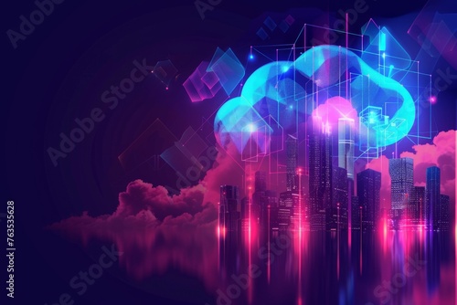 cloud technology banner background with a low poly cityscape and binary code  on a blue gradient dark purple blue colors Generative AI