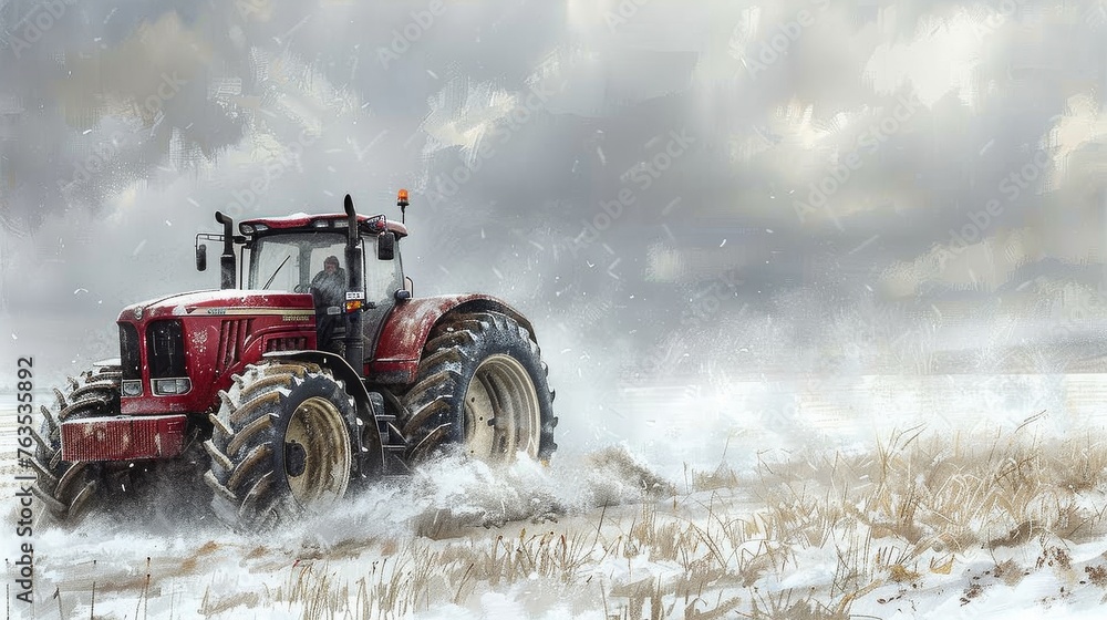 Fototapeta premium Red Tractor Driving Through Snow-Covered Field