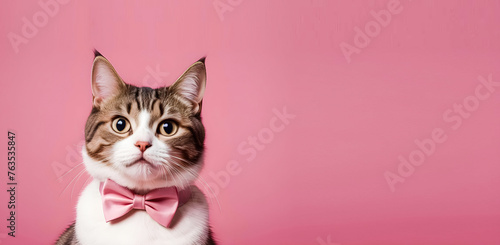 Astonished Cute Cat with a pink bow tie on a pink background with text space, cat banner for holiday events, and New Year cards. Generative AI. V-1 © Nadir Ikram
