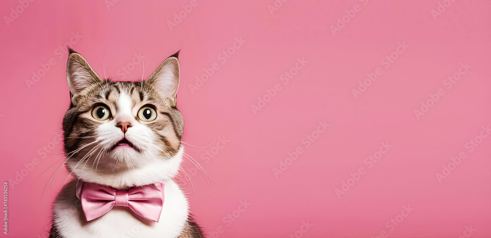 Astonished Cute Cat with a pink bow tie on a pink background with text space, cat banner for holiday events, and New Year cards. Generative AI.  V-2