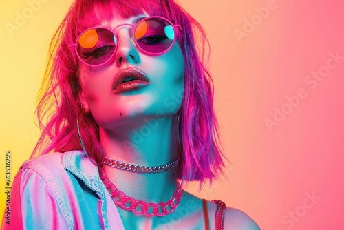 Vibrant pink and blue fashion photo of a woman with neon hair