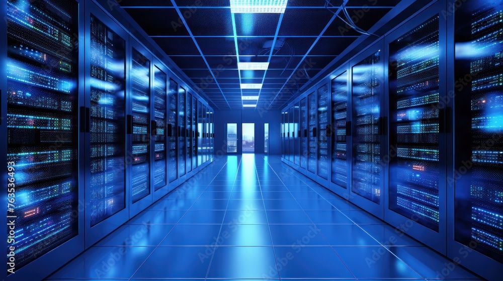 Depict a state of the art data center with rows of server racks, cooling systems, and redundant power supplies