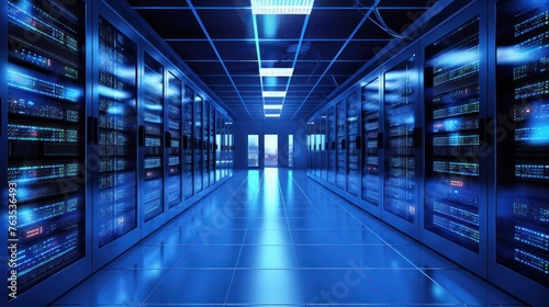 Depict a state of the art data center with rows of server racks  cooling systems  and redundant power supplies