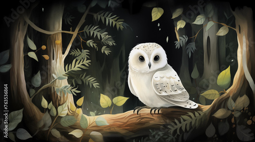 coruja branca na floresta - Ilustração Infantil photo