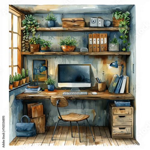 Watercolor depiction of inviting and cozy home office corners, characterized by clear separation and soft pastel hues. Perfect for interior design references, home decor magazines