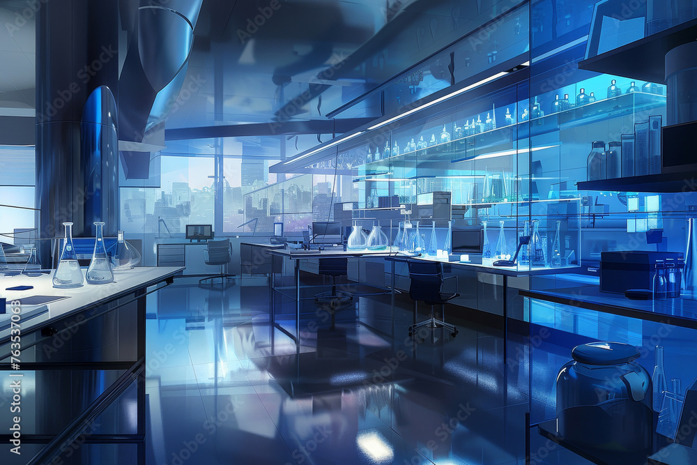 A medical laboratory with an abstract design, featuring a panoramic view of a modern lab interior A medical laboratory with an abstract design, featuring a panoramic view of a modern lab interior