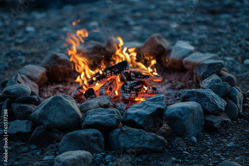 A campfire's flames wrapping around stones arranged in a circle, showcasing the interaction between the natural elements and the fire.