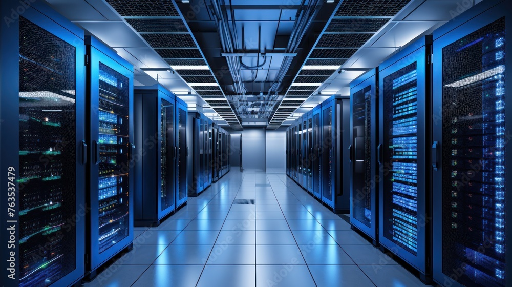 Depict a state of the art data center with rows of server racks, cooling systems, and redundant power supplies Depict a state of the art data center with rows of server racks, cooling systems, and redundant power supplies